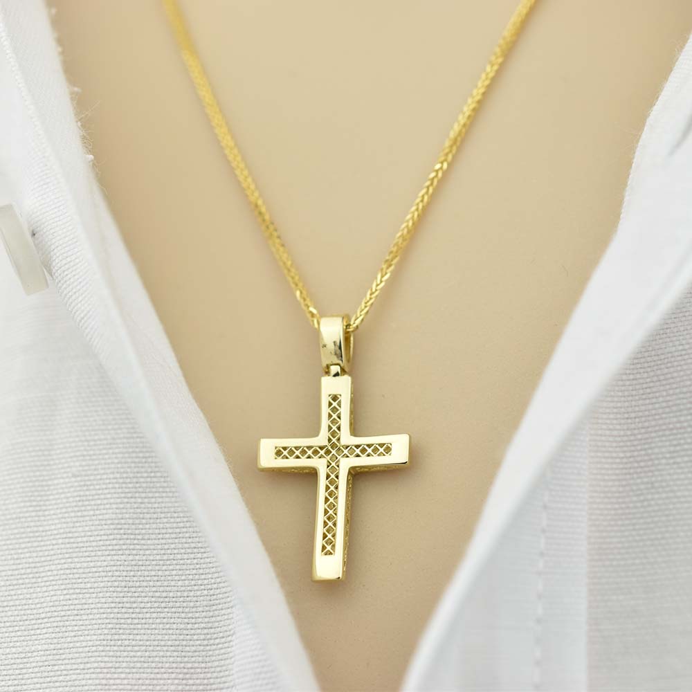 Χρυσός σταυρός Κ14 διπλής όψης